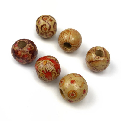 6 perles rondes, bois assorties, 15 mm