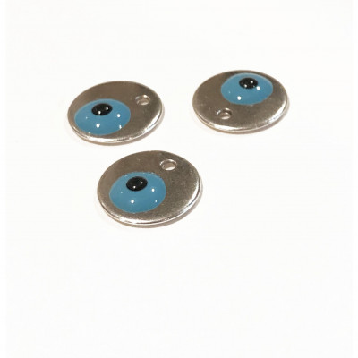 Breloque ronde 12 mm, zamac argenté, oeil émail