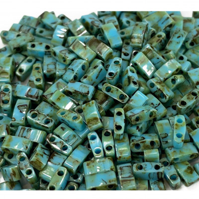 5 G, Half Tila beads,turquoise marbré. 5*2,3*1,9 mm