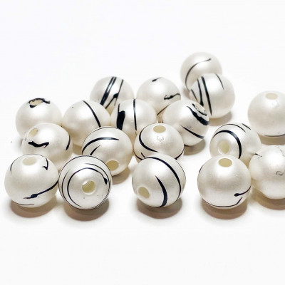 15 perles ivoire mat stries noir 10 mm. acrylique